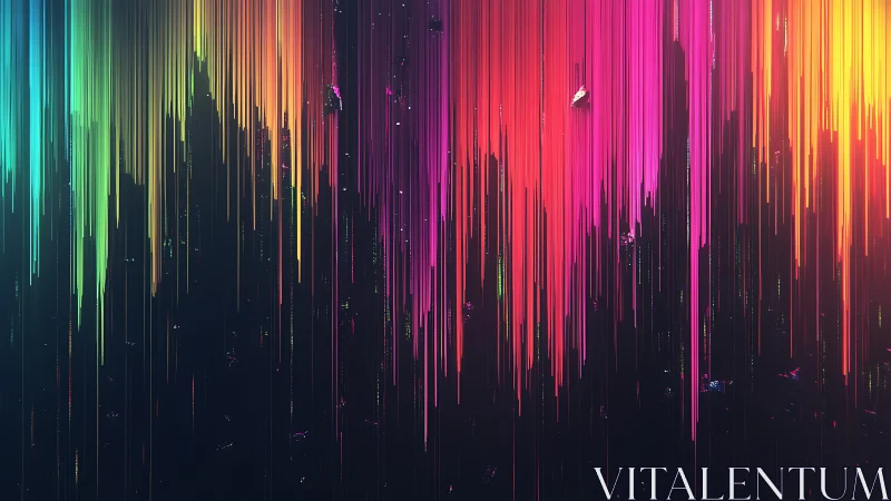 Prismatic light trails cascade over a dark cosmic skyline.