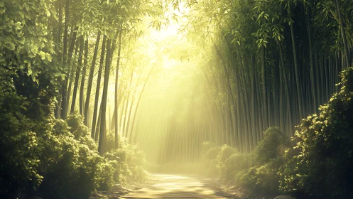 Sunlit bamboo path where quiet light gently finds you.