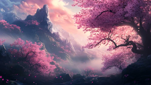 Dreamy cherry blossom valley under sunrise mist.