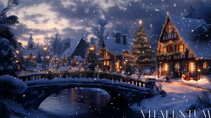 Snowlit village bridge under glowing Christmas lights.