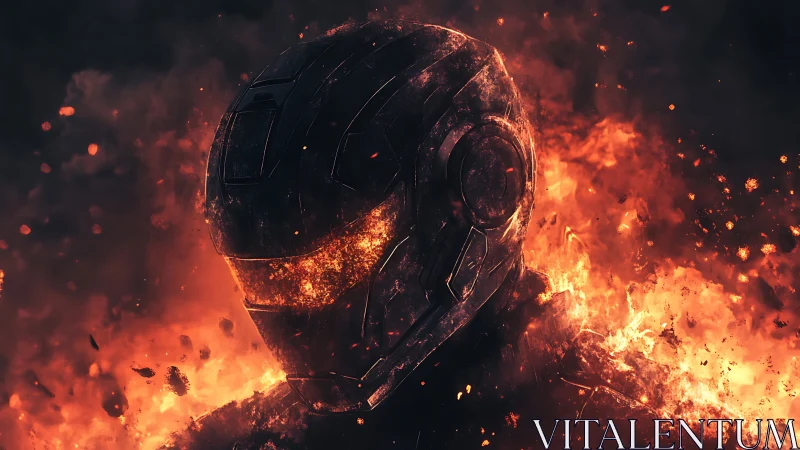 Fiery armored warrior stands calm in a storm of blazing embers