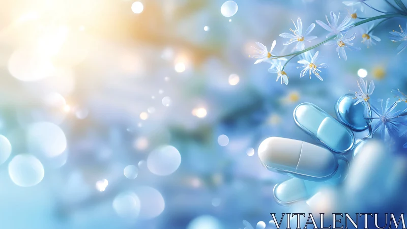 Pharmaceutical capsules rendered in soft bokeh with floral bioactive context
