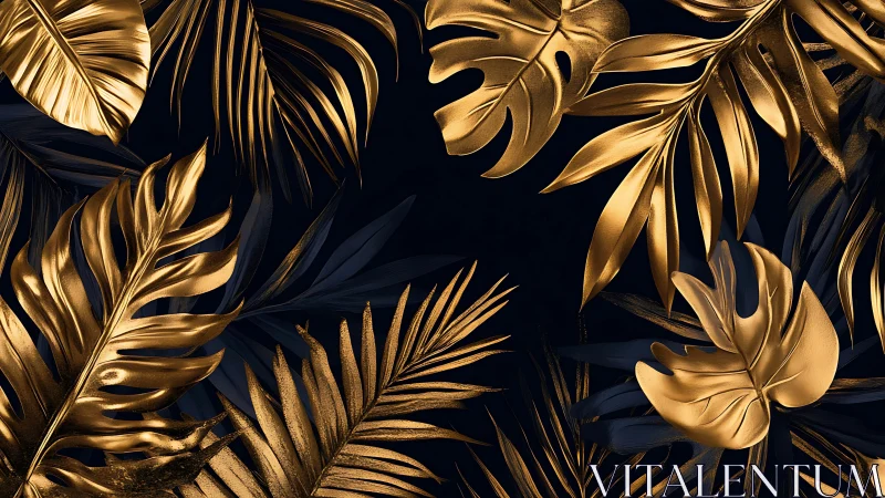 Gilded jungle leaves drifting across midnight velvet skies.