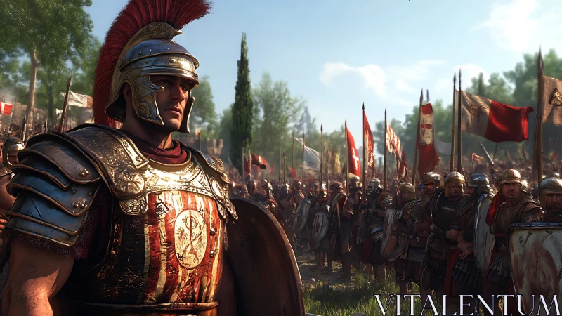 Roman legionary commander in sunlit battlefield formation.