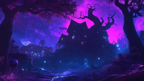 Moonlit witch house beneath a glowing violet sky.