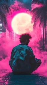 Neon moonlit cityscape with seated silhouette in vaporwave glow.