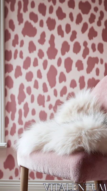 Photorealistic blush chair vignette with abstract leopard wall.