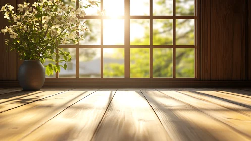 Sunlit wooden interior with vase of white blossoms by window.