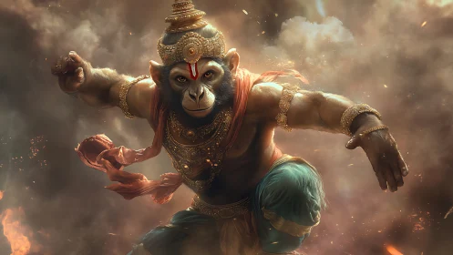 Mythic warrior monkey leaping through smoke and fire.