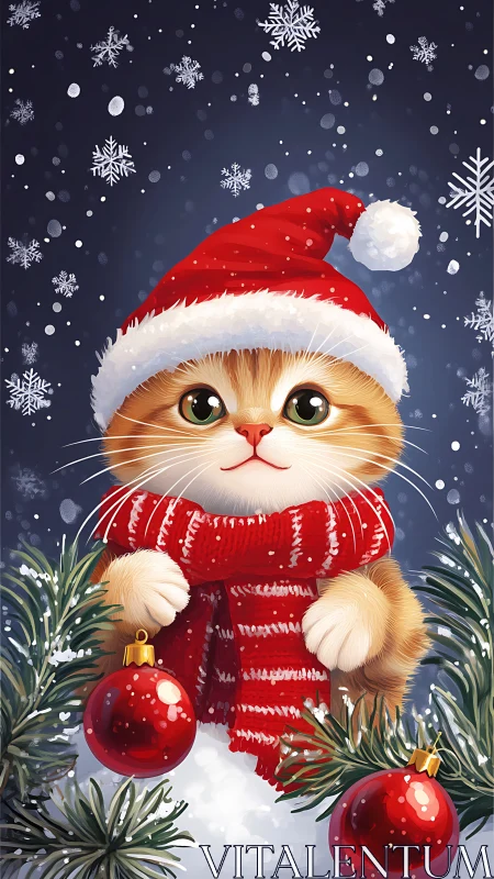 Festive ginger kitten in Santa hat amid snow and baubles.