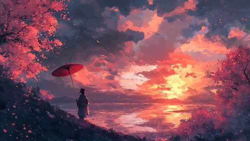 Solitary figure beneath sakura sky at radiant lakeside sunset.