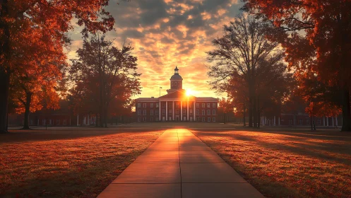 Brick academic building aligns with central sunlit pathway