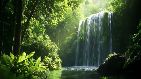 Sunlit jungle waterfall pours into a tranquil emerald pool