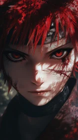 Close portrait shows red-haired character with marked face