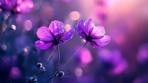 Two Magenta Cosmos Flowers Against Blurred Purple Background