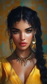 Golden-lit portrait of braided woman with ornate jewelry.