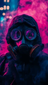 Hooded figure in gas mask stands amid neon toxic haze