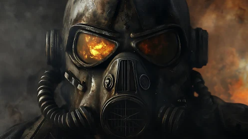 Postapocalyptic gas mask warrior faces erupting inferno.