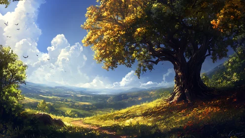 Majestic hillside tree overlooks a sunlit valley landscape.