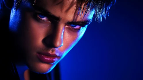 Moody neon portrait with an intense, cinematic gaze.