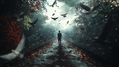 Solitary figure walks misty tracks under swirling birds.