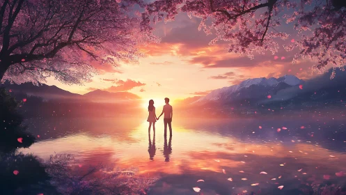 Sunset romance beneath drifting cherry blossoms on water.