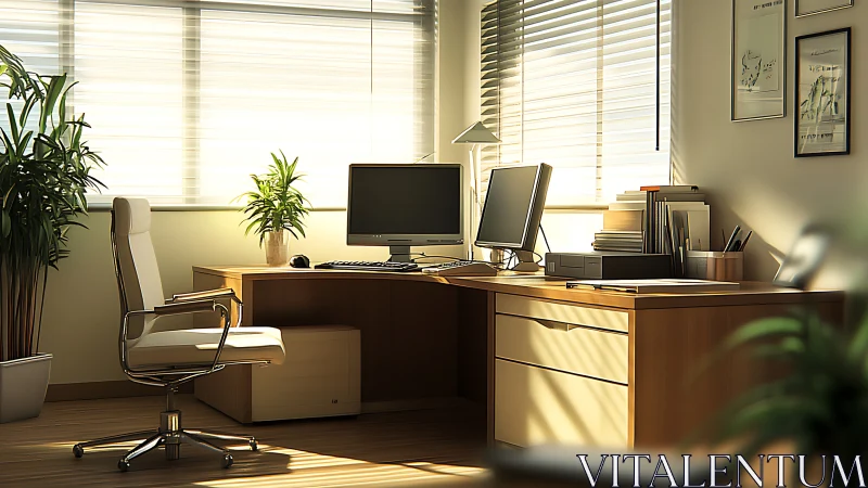 Modern sunlit office workspace with wooden desk and plants.