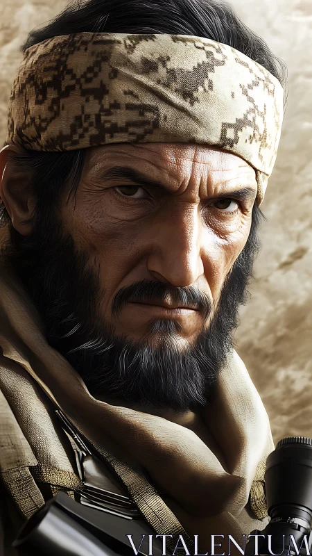 Hardened desert sniper in tactical scarf and headband portrait.