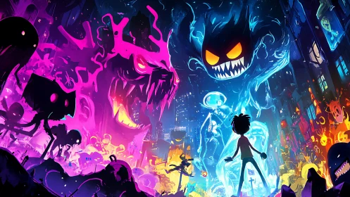 Neon specter confrontation in hyperchromatic urban abyss.