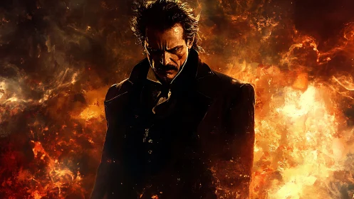 Brooding dark figure emerges amid swirling inferno backdrop.