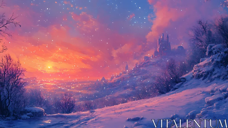 Snowy hilltop castle glowing under a soft winter sunset.