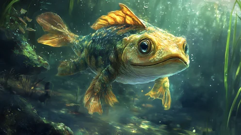 Fantastical amphibious fish creature in luminous lagoon scene.