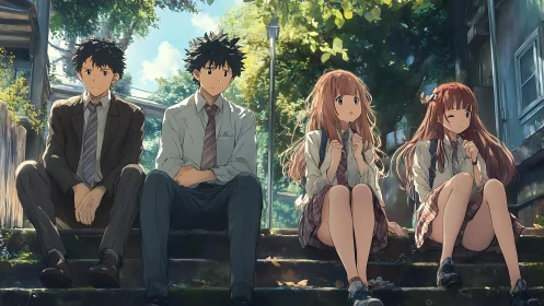 Four anime students sitting on outdoor stone steps together.