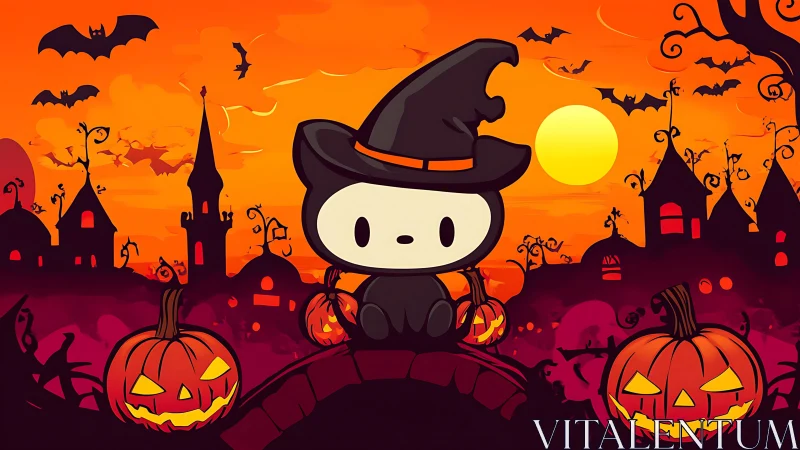 Cute black cat witch on stylized Halloween bridge at sunset