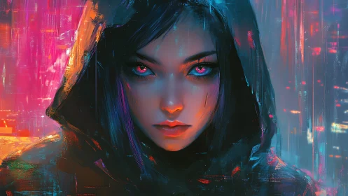 Mystic cyberpunk girl with neon gaze in a glowing city.