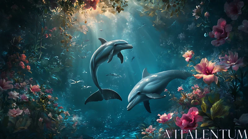 Dolphins glide through luminous floral underwater garden