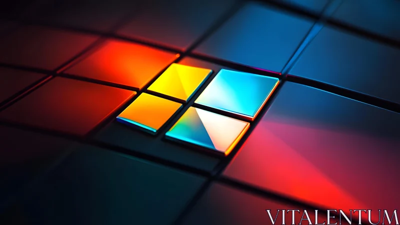 Vibrant 3D Microsoft Windows Logo on Reflective Tiles, Digital Art.
