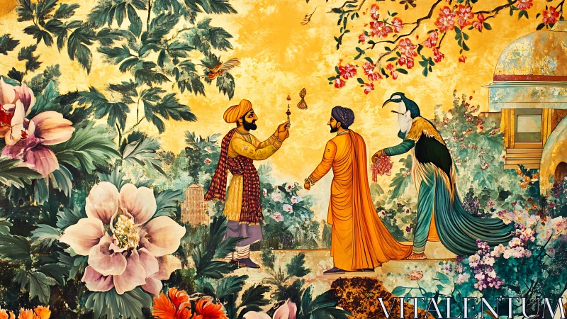Two robed figures stand in ornate garden with peacock
