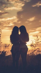 Silhouetted couple embraced beneath a glowing sunset sky.