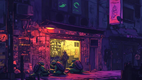 Neon alley turtles trade stories under a glowing shopfront