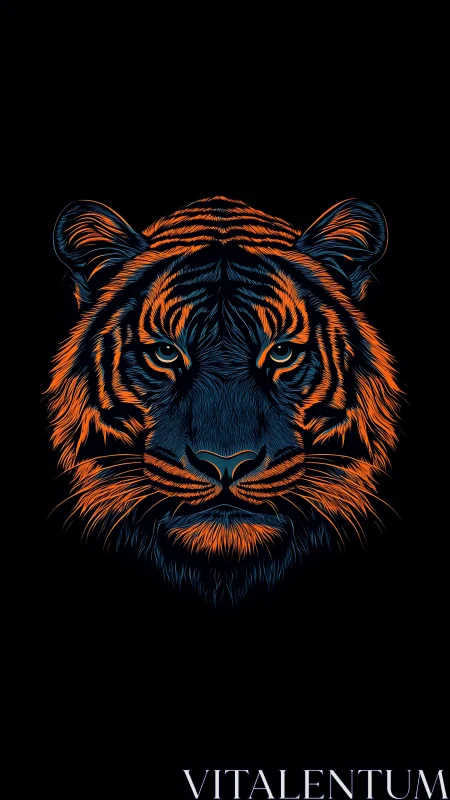 Neon tiger portrait glows against deep black background.