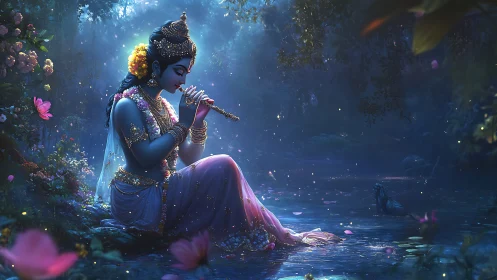 Divine blue figure plays flute by a moonlit forest stream.