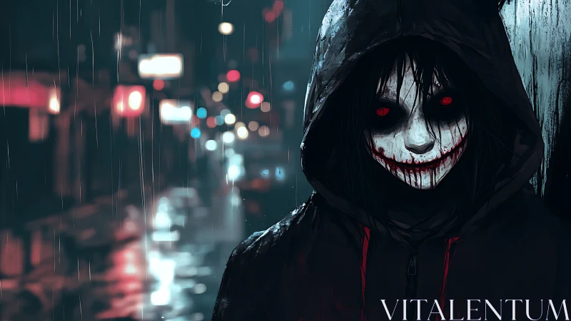 Hooded horror figure with smeared smile in rainy neon alley