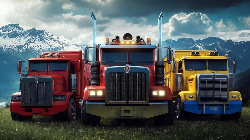 Colorful semi trucks aligned before snow covered mountains.