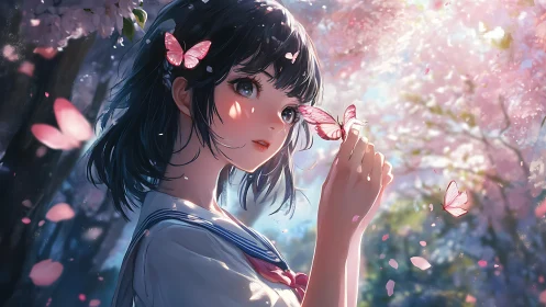 Anime schoolgirl with pink butterflies under cherry blossoms.