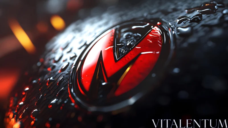 Bold red metallic emblem with water droplets, cinematic macro style.