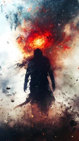 Silhouetted dark warrior walks through blazing cosmic storm