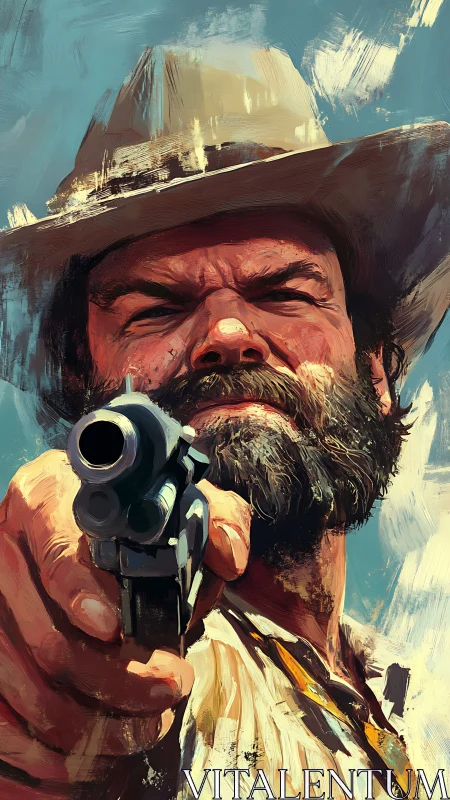 Dust-bitten gunslinger framed in blazing frontier sky.