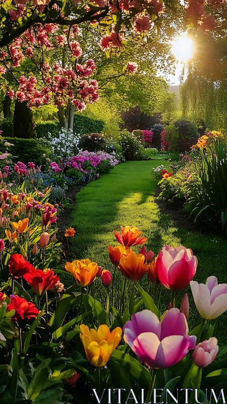 Spring Garden Pathway: Vibrant Tulips, Blossoms, Golden Light.