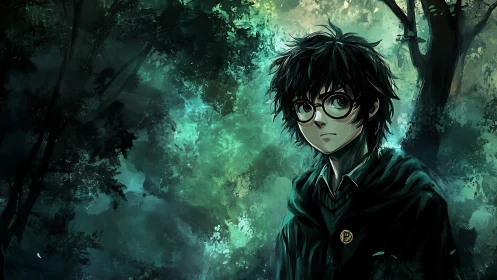 Moody forest scholar with round glasses in emerald gloom.